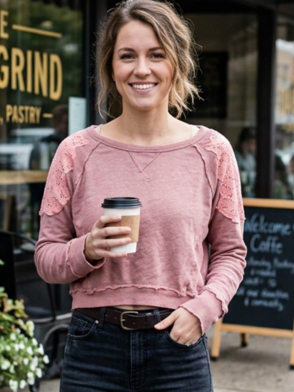 Free People Dusty Mauve Cropped Long Sleeve Lace-Shoulders Top - XS
